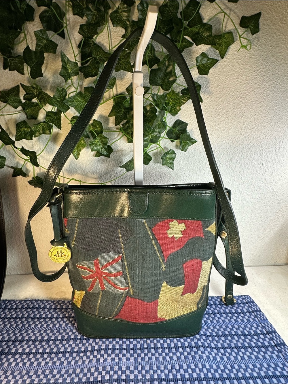 Rare Vintage Brahmin Flag Tapestry Leather Bucket Bag Purse - Forest Green - EUC